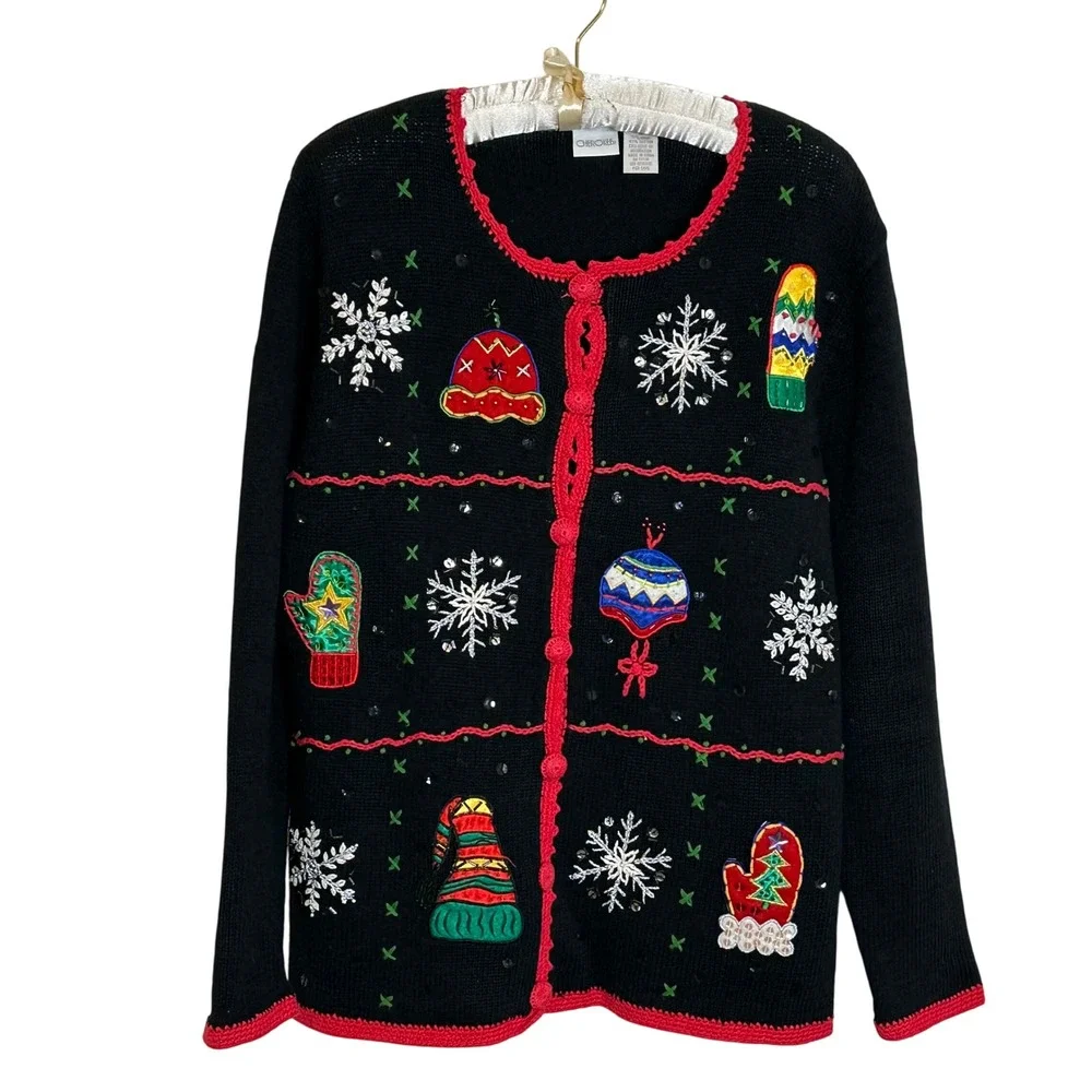Vintage Cherokee Christmas Cardigan Sweater Size M Black Snowflakes Mittens Hats